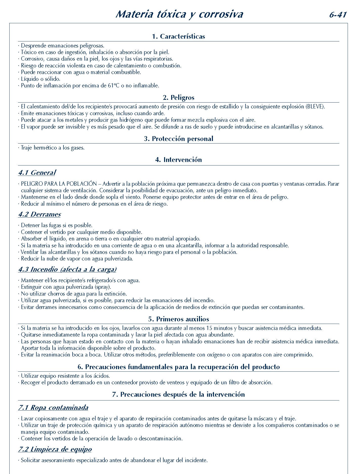 279  FICHA 6-41 MATERIA TOXICA CORROSIVA FICHAS EMERGENCIA